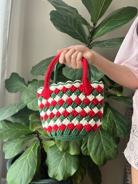 Handmade Red Green White Crochet Tote Bag